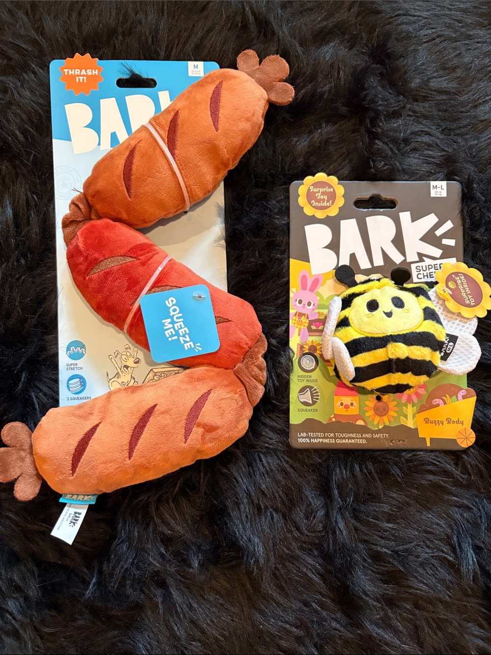 BARK Plush Bee super Cherwer Toy & Squeezable Sausage Plush Set -